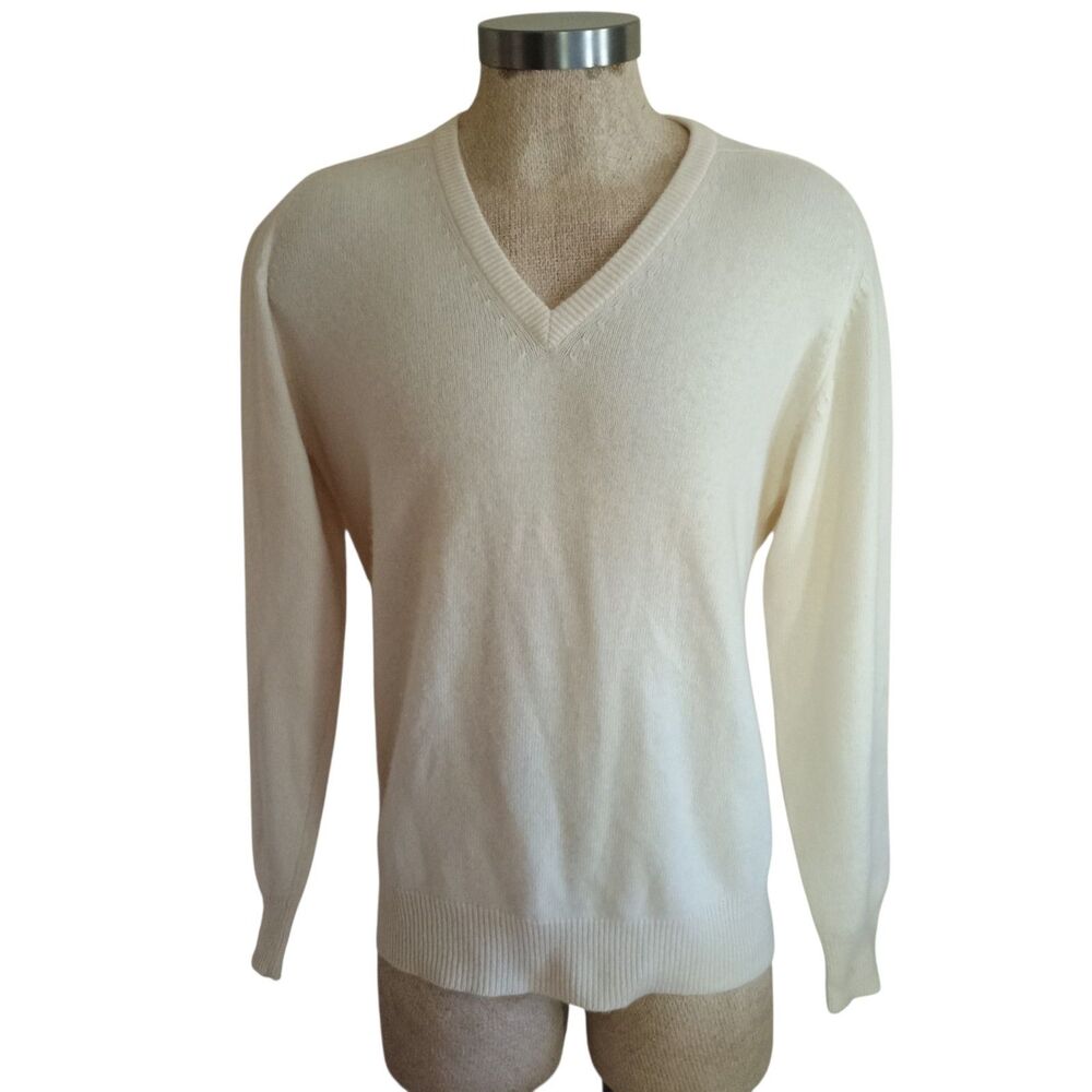 Allen Solly 100% Cashmere Sweater Mens Sz  Large Ivory V Neck Pullover Knit